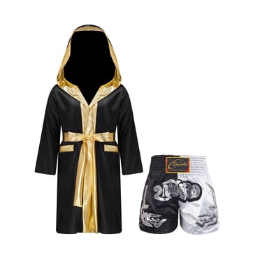 Raenseen Kids Boys Boxing Gown Hooded Robe Boxing Outfit Long Sleeve Metallic Satin Robe Hooded Cloak Black&White 6