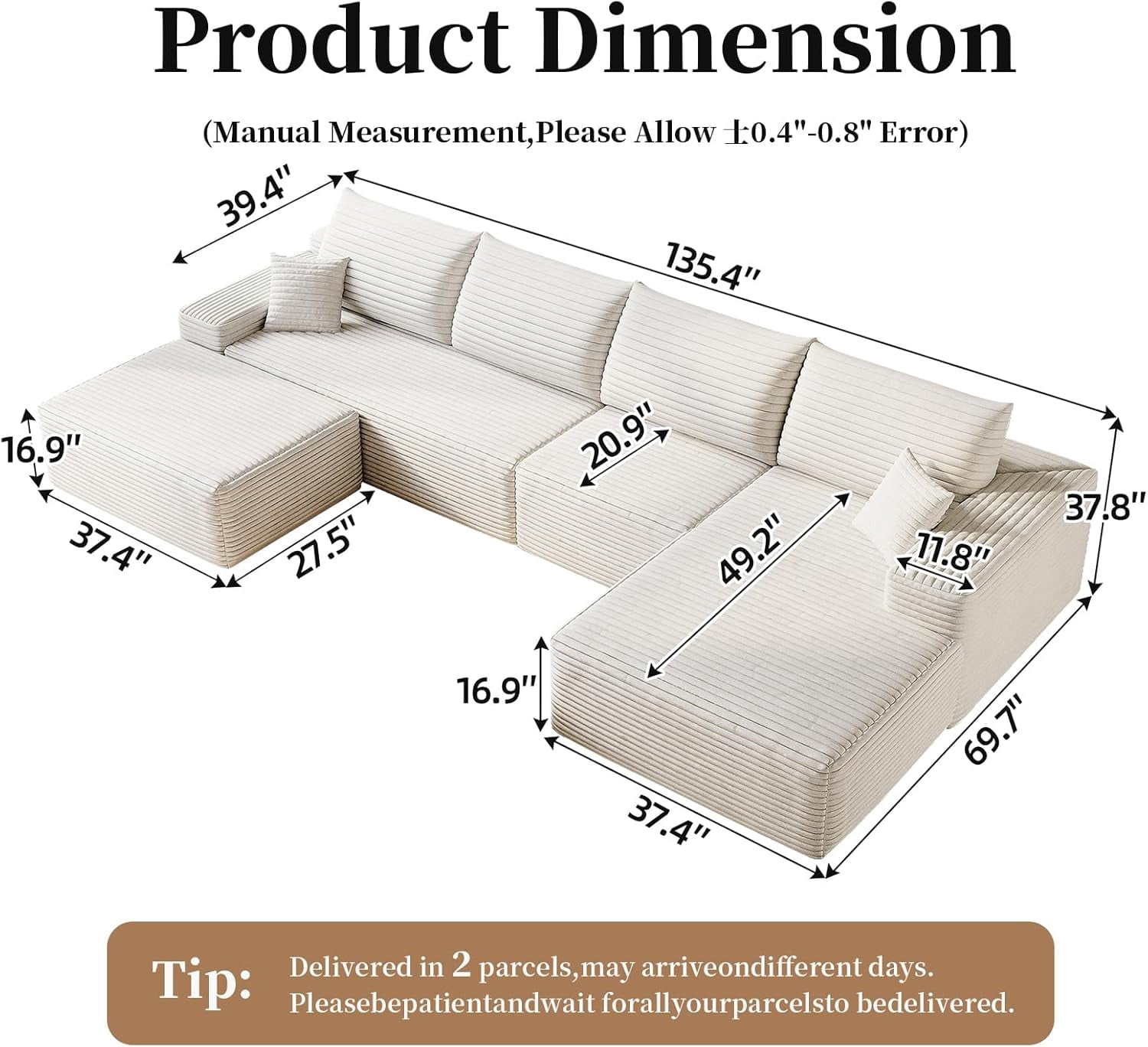 Sailvan 135" Cloud Sectional Couch, Cloudy Sofa with L-Shape Chaise & Ottoman, Upholstered Couches for Living Room & Bedroom, No Assembly Required, Plush Corduroy Fabric, Beige