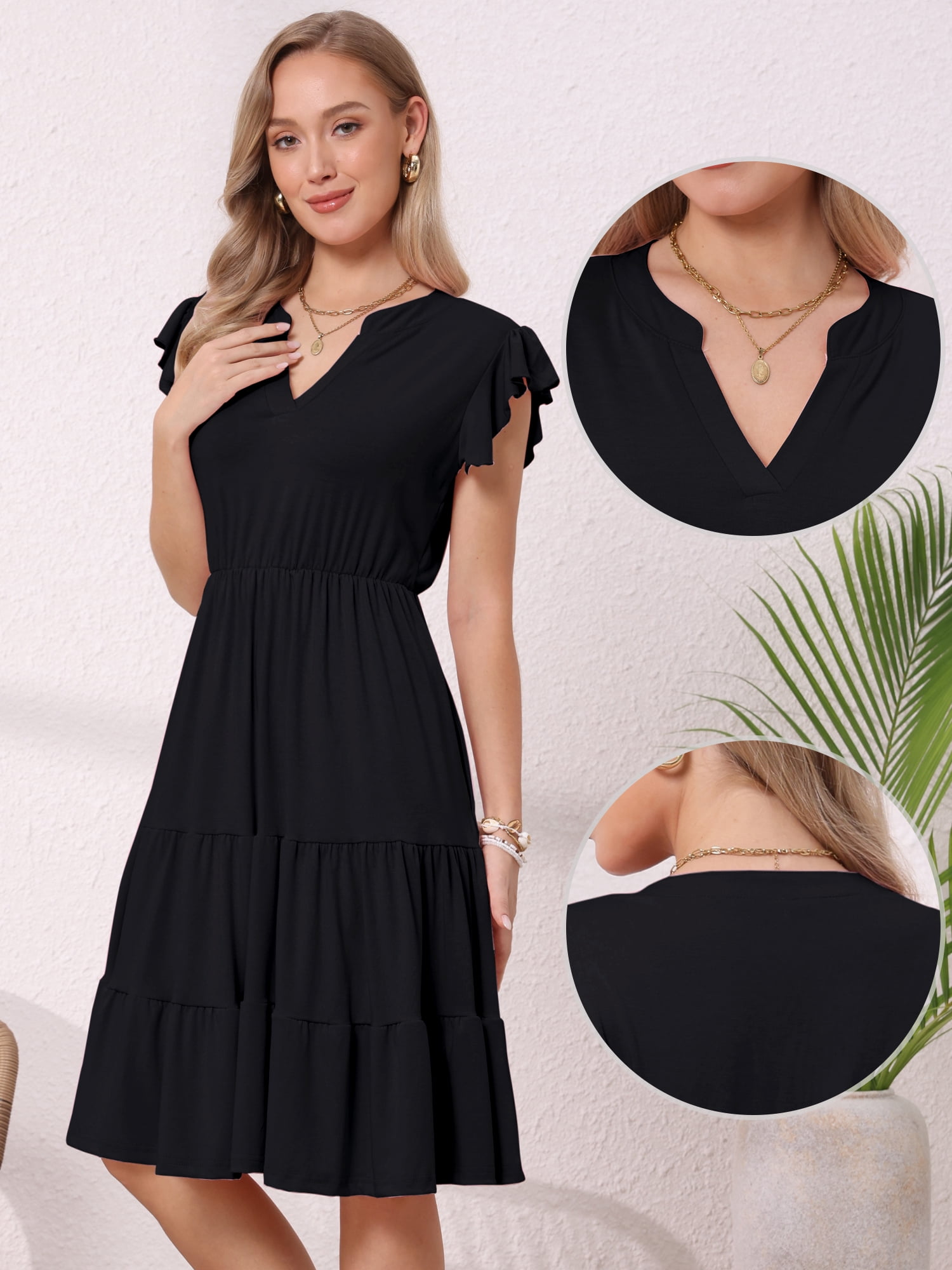 DARING DIVA Women's V Neck Ruffle Sleeve A-Line Flowy Tiered Design Dress 2XL Black