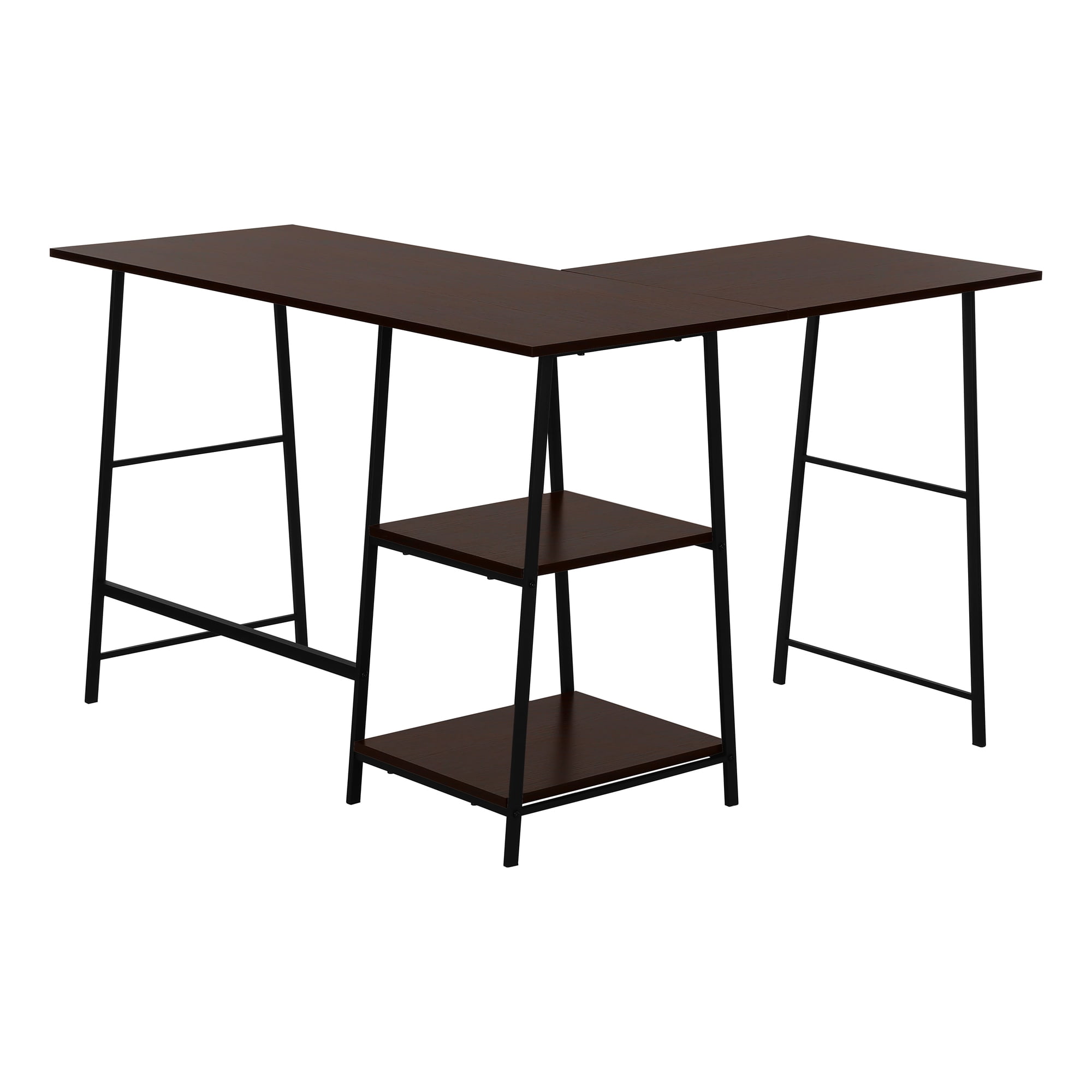 48 Inch L Shaped Espresso Brown Computer Desk with Black Sawhorse Legs and Shelves