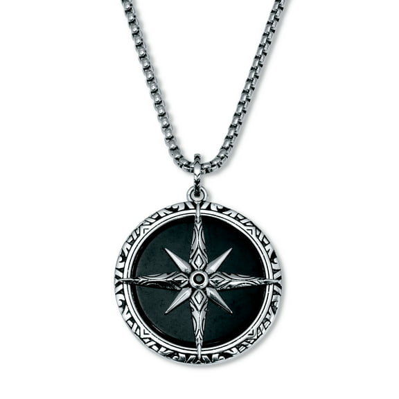 Men's Natural Black Onyx Antiqued Stainless Steel Pendant Necklace, 24-inch