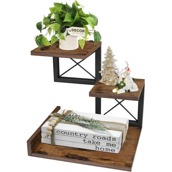 Wood Desk Shelf Organizer, 3 Tier Small Wood Desktop Storage Riser Display Stand, Brown Wood Desktop Bookshelf with Black Metal Frame for Office Desk Accessories & Decor