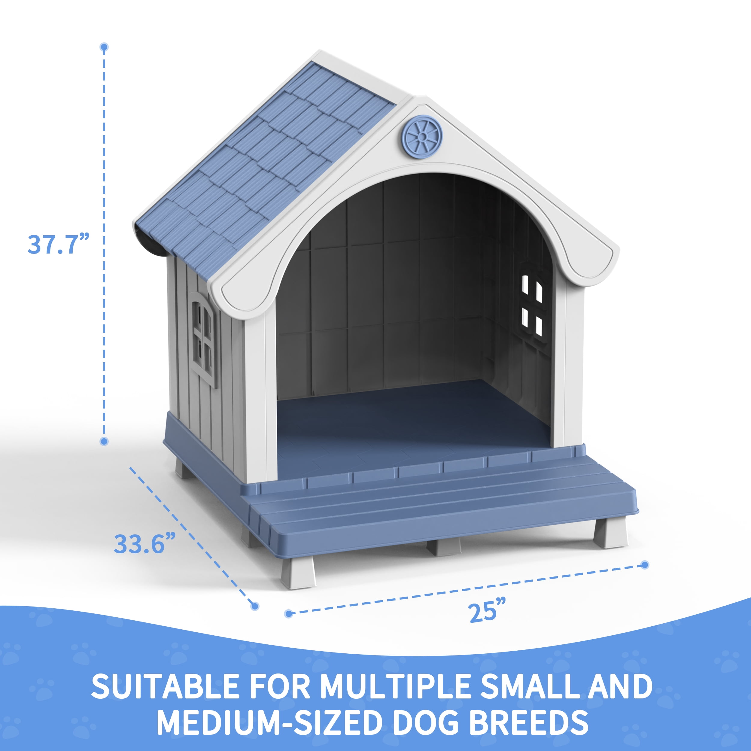 fazzn Elevated Resin Dog House with Porch, Weatherproof Outdoor Pet Shelter for Small to Medium Dogs, Easy Assembly & Durable.Blue,Father's Day Gift