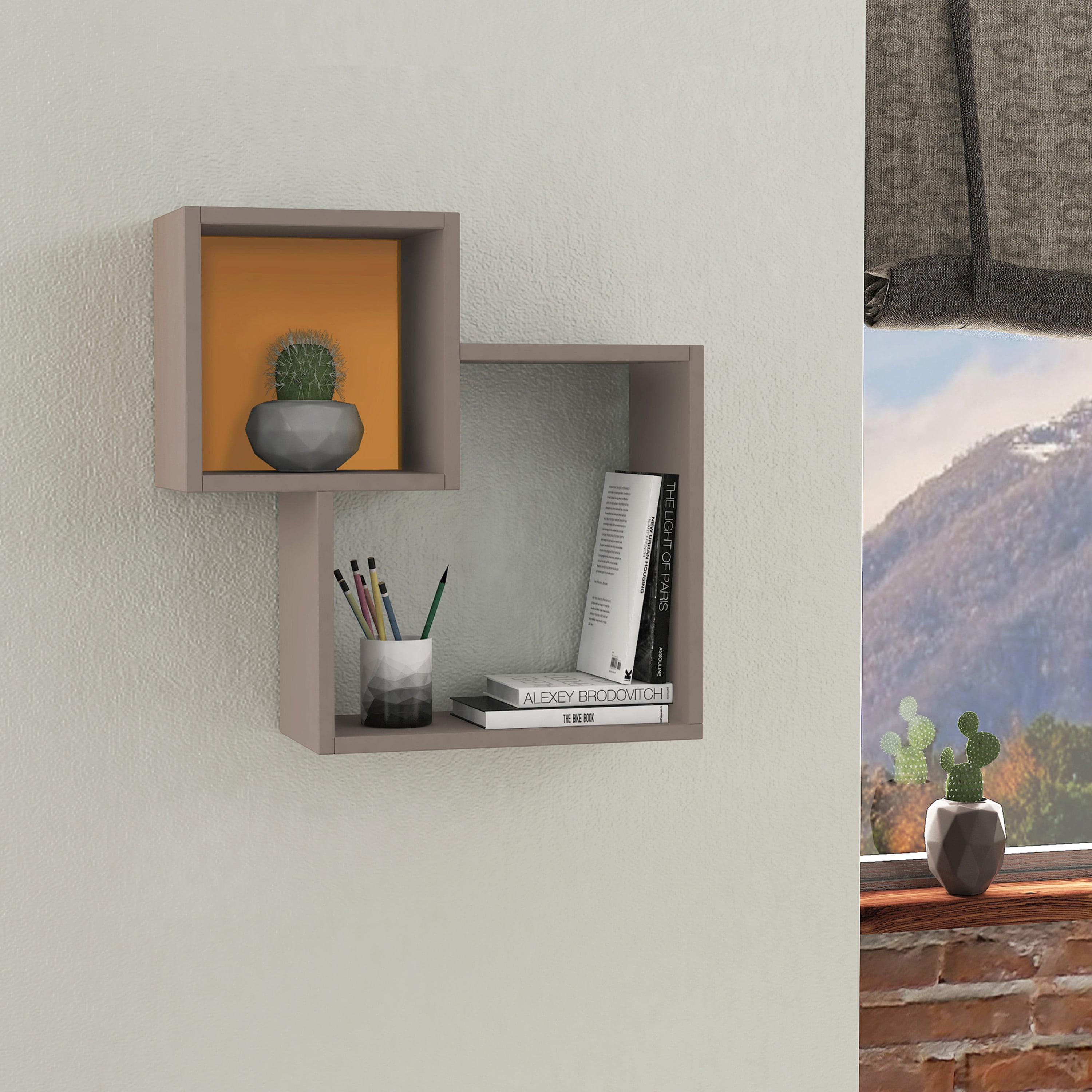 Ada Home Decor Furniture 22.64" 2 Tier Light Mocha Wilkins Modern Wall Shelf
