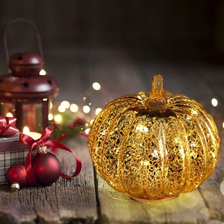 

UAEBM Glass Pumpkin LED Light for Halloween Decor Autumn Thanksgiving Home Decorative Lamp Golden Pumpkin Night Light for Festivals Gold
