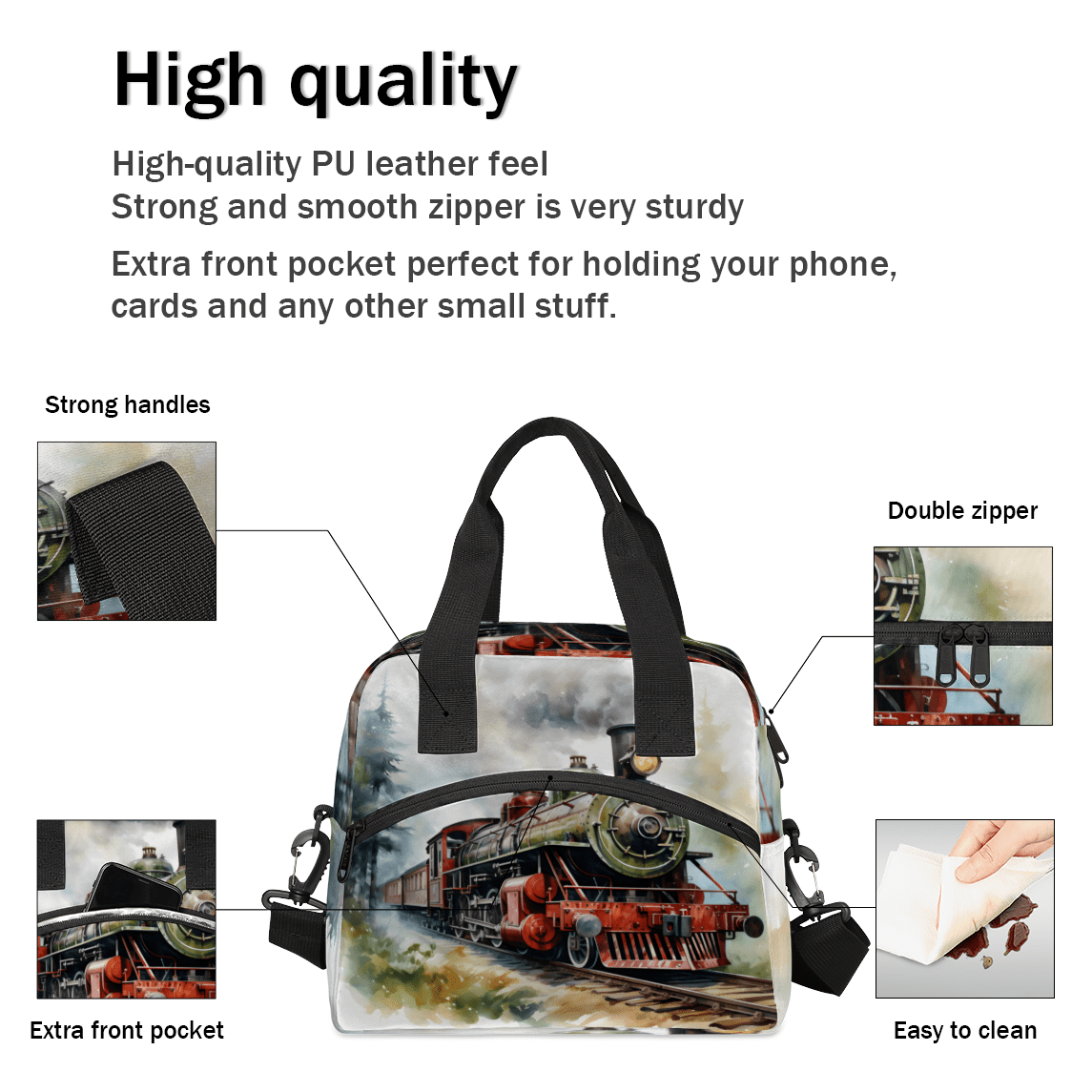 Herdesigns Retro Steam Train Insulated Lunch Bag for Women Men Adults Large Reusable Lunch Box Vintage Old Train Leakproof Cooler Tote Bags with Adjustable Shoulder Strap