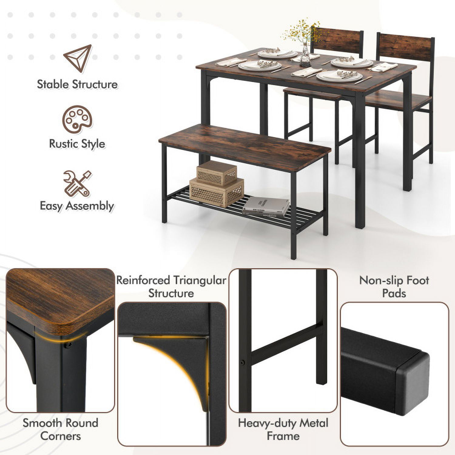 Finihen Dining Set, Dining Table Set, 4 Pieces Rustic Dining Table Set with 2 Chairs and Bench, for Home, Restaurant, Rustic Brown Finihen Dining Set, Dining Table Set, 4 Pieces Rustic Dining Table Set with 2 Chairs and Bench, for Home, Restaurant, Rustic Brown