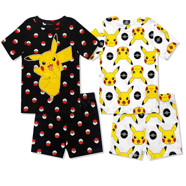 Conjunto de pijama Pokémon Boys de manga corta y pantalones cortos de 4 piezas, 100% algodón