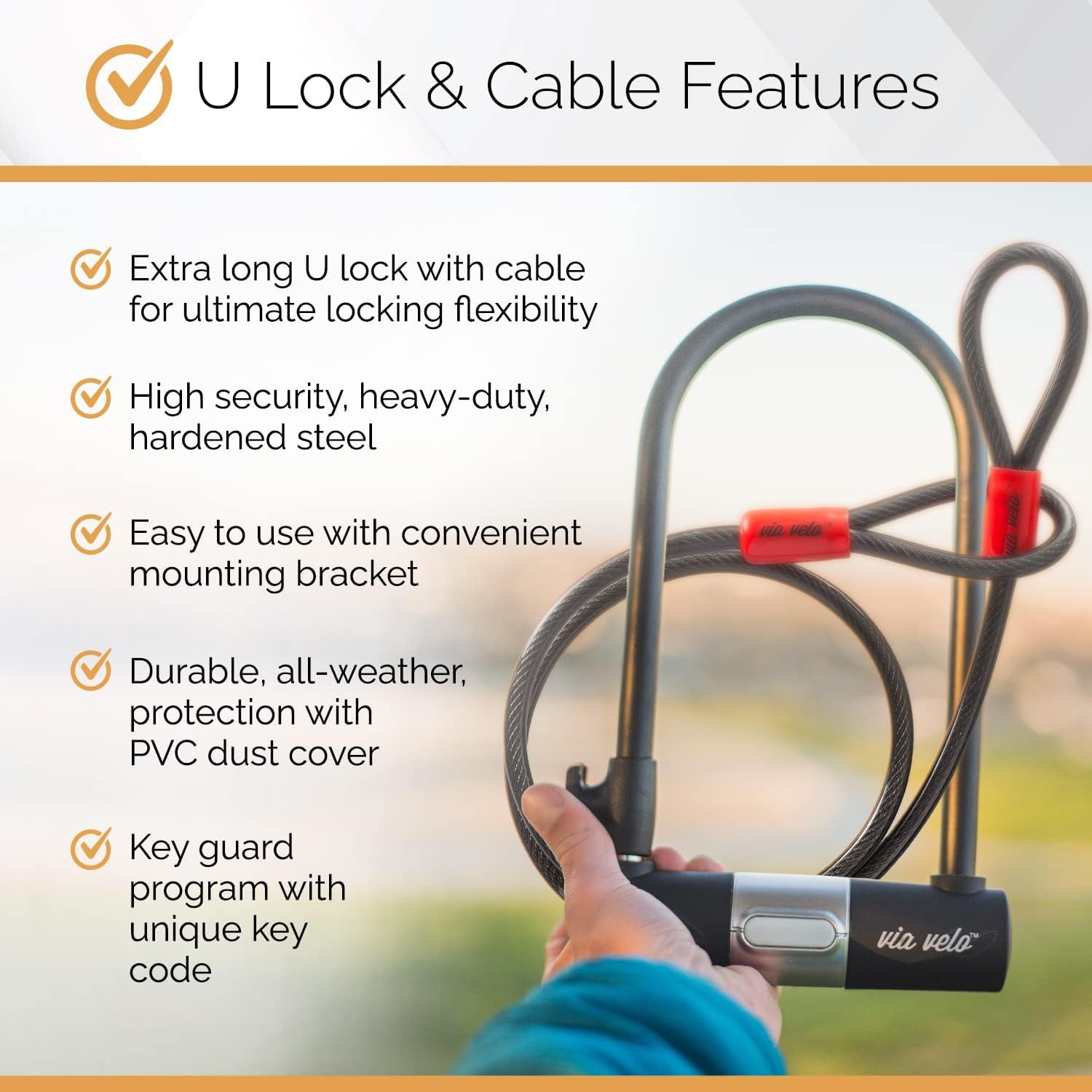 Via Velo Folding Bike Lock Set 3-in-1 Heavy-Duty Bike Lock with Bike Cable & Same Key System