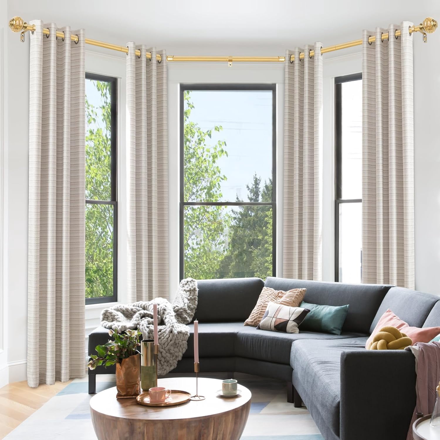 Bay Window Curtain Rods,  Gold Curtain Rods for Bay windows 32 to 86 Inch (Center Rod), 32 to 58 Inch Side Rod for windows, Decorative Drapery Rods with Bling Finials