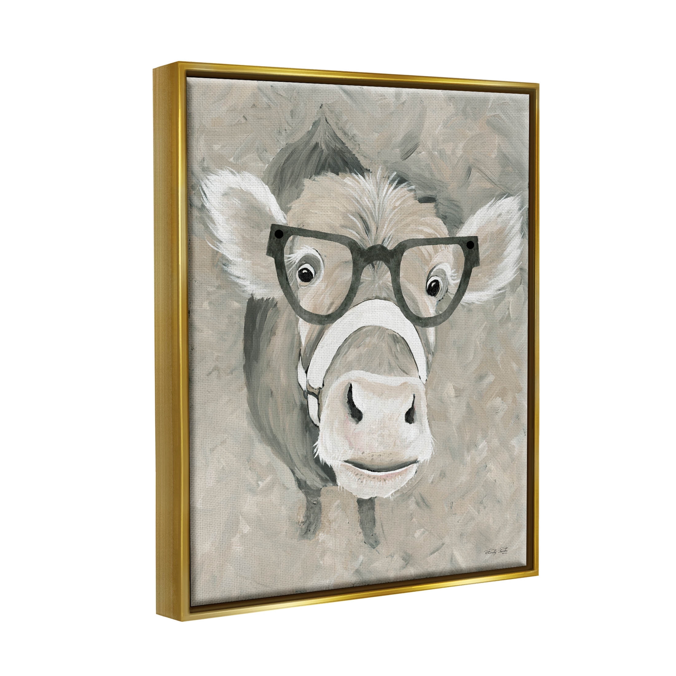 Stupell Industries Farm Cattle Glasses Spectacles Painting Metallic Gold Floating Framed Canvas Print Wall Art, Design by Cindy Jacobs