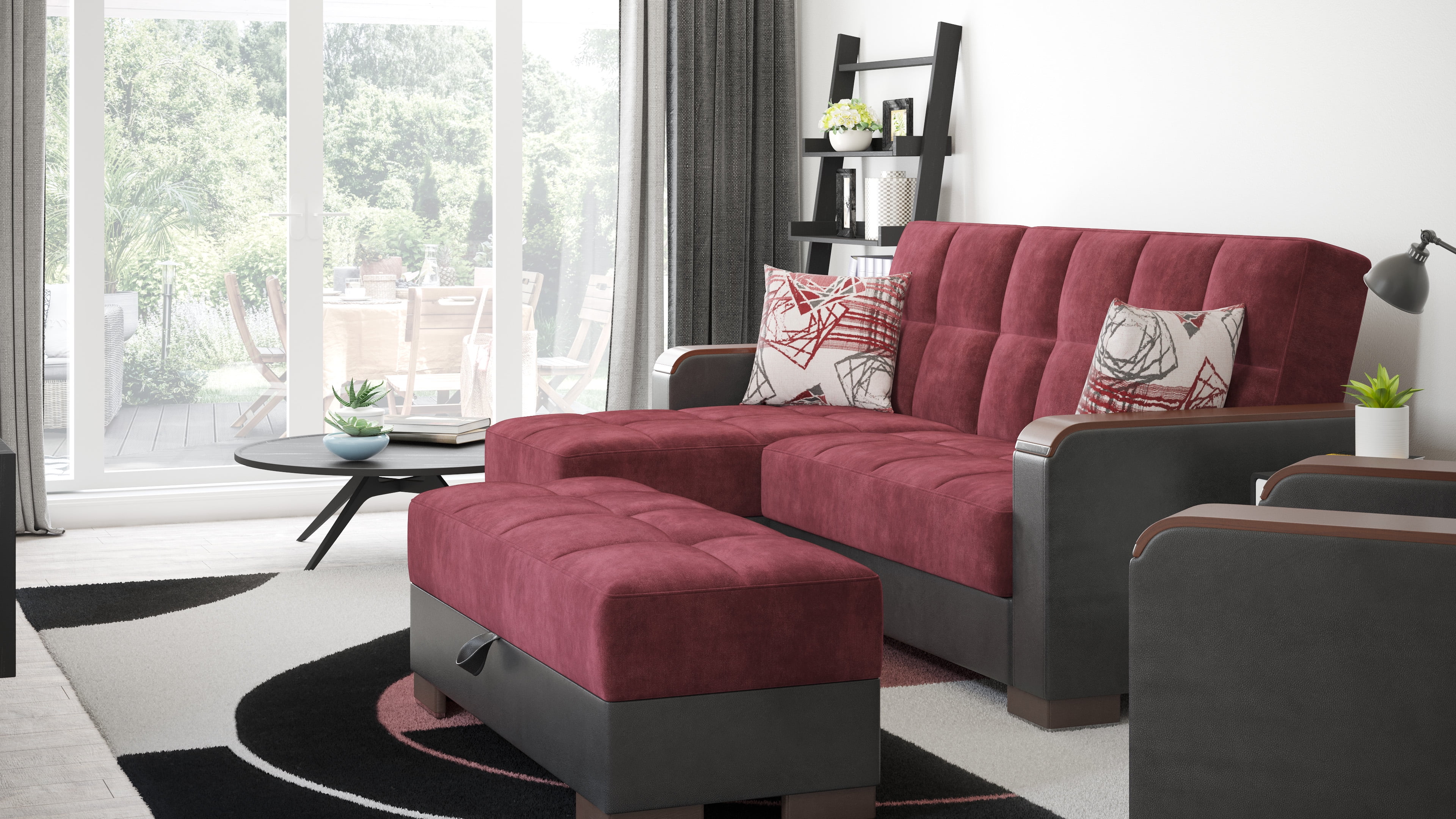 Ottomanson Origins X Modern Convertible L-Shaped Sectional Sofa, Burgundy Color Microfiber