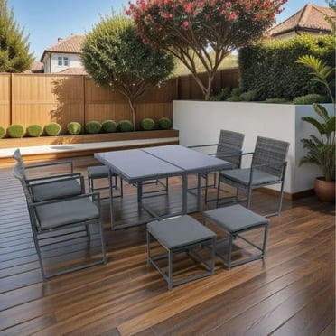 9 Pieces Patio Dining Sets Outdoor Space Saving Rattan Chairs with Glass Table Top Grey Wicker   Dark Grey Cushion