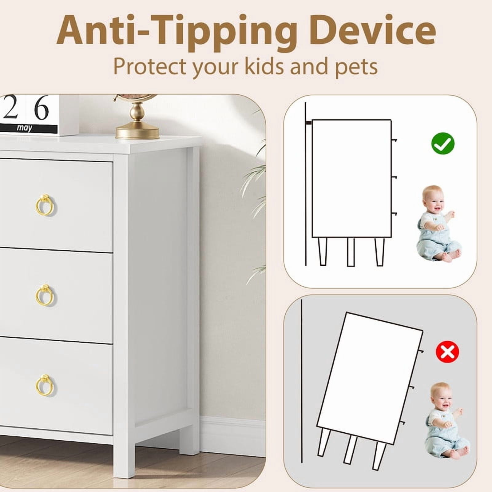 TROPOW 3 Drawer Dresser for Bedroom, Chest of Drawers, Modern Clothes Storage Cabinet & Wood Vertical Drawer Organizer for Living Room, Hallway, Nursery, White