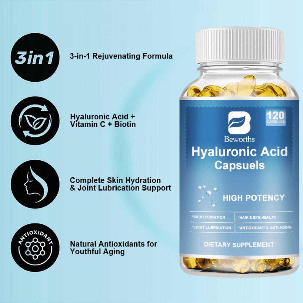 3 PACK Hyaluronic Acid Supplements 250mg | with Biotin 5000mcg & Vitamin C 25mg, 3 in 1 Support - Skin Hydration, Joint Lubrication, Hair and Eye Health, 480 Vegetarian Capsules