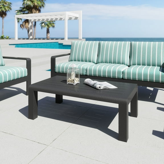 Rolig Coffee Table Black Coffee Table, Modern Style, Faux Wood Aluminum rectangular shape tabletop, Aluminum, Outdoor Living
