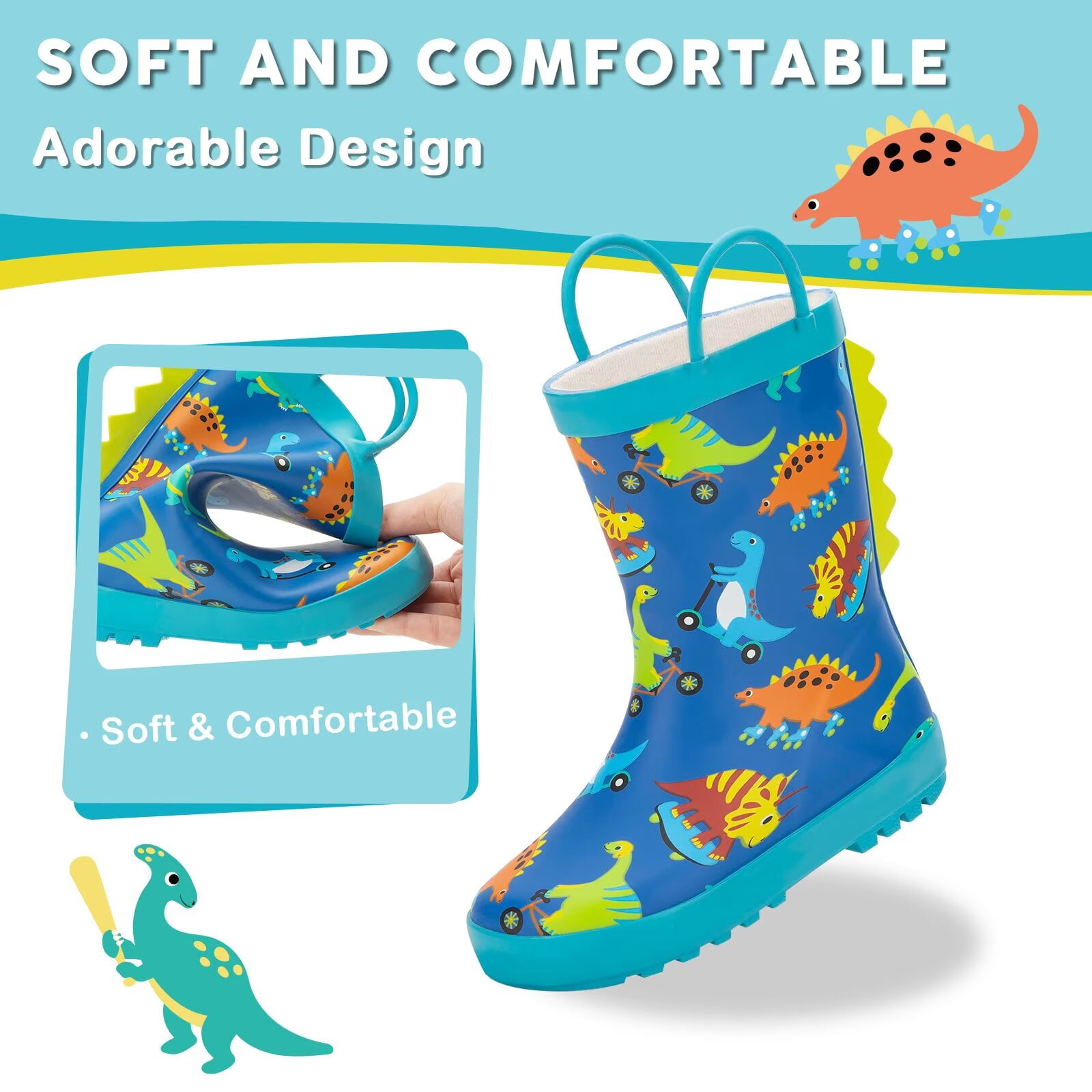 FUNCOO PLUS Toddler Rubber Rain Boots Kids Waterproof Boots for Boys, Dinosaur, Toddler Size 10