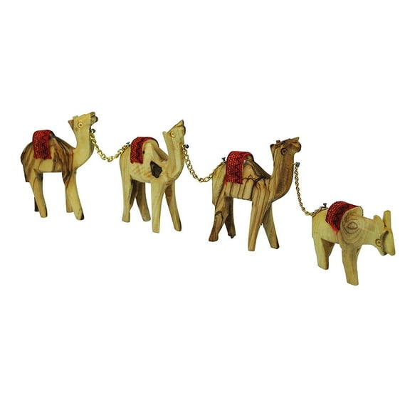 Olive Wood Camels with Red Saddles Set of 4