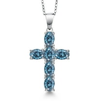 Gem Stone King 925 Sterling Silver Persian Blue Moissanite Cross Pendant Necklace for Women | 2.70 Cttw | Gemstone Birthstone | Oval 6X4MM | With 18 inch Chain