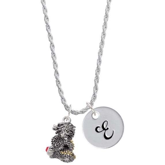 Delight Jewelry Two-tone Dragon with Red Crystals Silvertone Script Initial Disc - E - Charm Necklace, 20"+3"