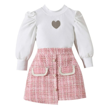 

Binhe Toddler Girls Fall Outfit with Bubble Sleeve Glitter Cutout Top and Plaid Irregular Skirt Includes Hat Soft Cotton Blend Comfortable and Stylish for Autumn Wear Perfect for Any Occasion