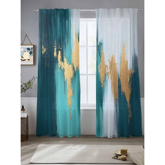 Teal Blue Sheer Curtains for Living Room Bedroom Yellow Abstract Art Modern Sheer Curtains 84 Inch Long 2 Panels Set Light Filtering Curtain Window Treatments Drapes for Dining Room