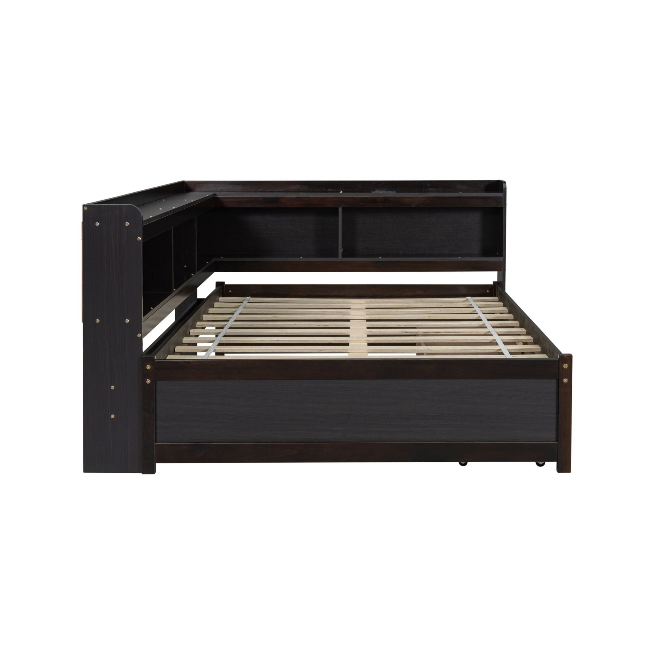 Noble House Full L-Shaped Bookcase Bed, Pine Wood Frame with Power Outlets, Storage Drawers & Headboard Shelves, Espresso