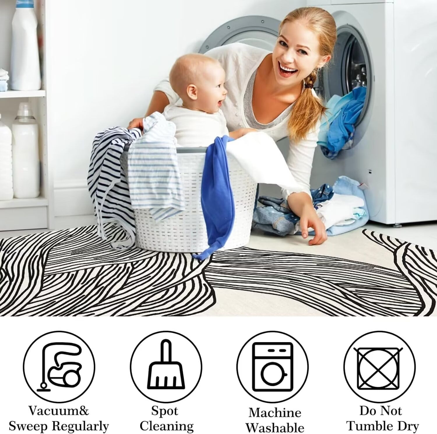 Garvee 6'x9' Area Rug Abstract Lines Print Rug Soft Faux Wool Carpet Indoor Soft Foldable Accent Throw Carpet, Black White