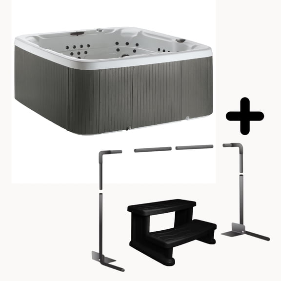 Lifesmart LS700DX Accessory Bundle - 7 Person, 90-Jet, 220-Volt, Arctic White/ Coastal Gray with a cover lifter and spa steps included!