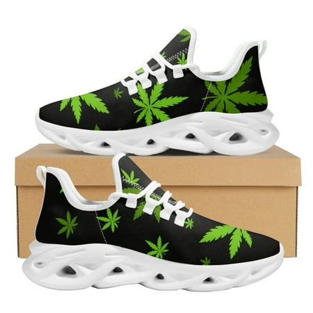 

Lightweight Lace-up Mesh Running Shoes Colorful Weed Leaves Print Cushion Sneakers for Women Mens Shock Absorption