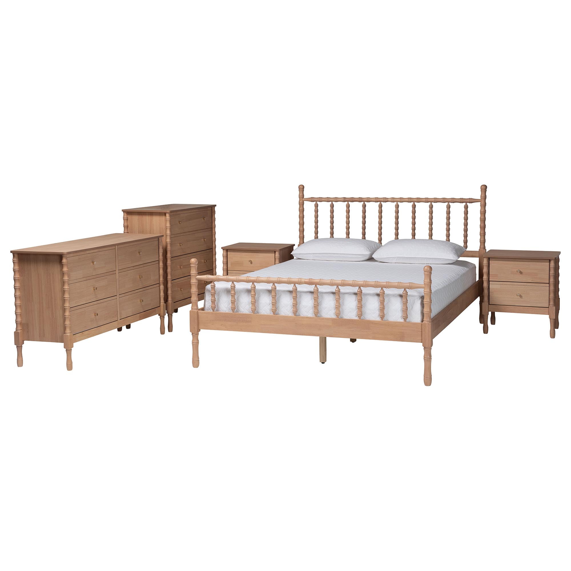 Baxton Studio Laurent Mid-Century Bedroom Set, 5-Piece, Queen, Beech Brown
