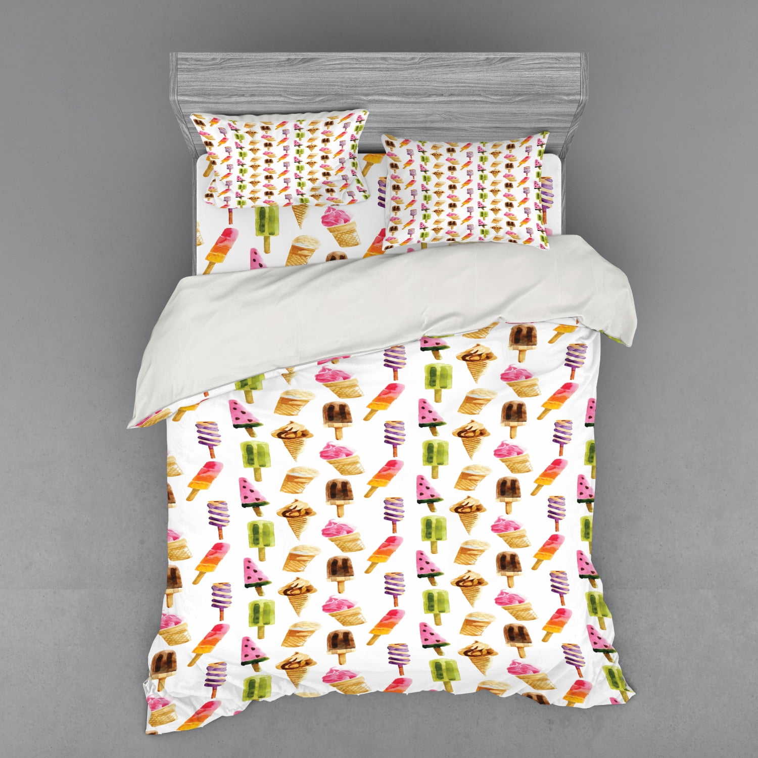 Ice Cream Duvet Cover Set, Watercolor Pattern with Different Products
