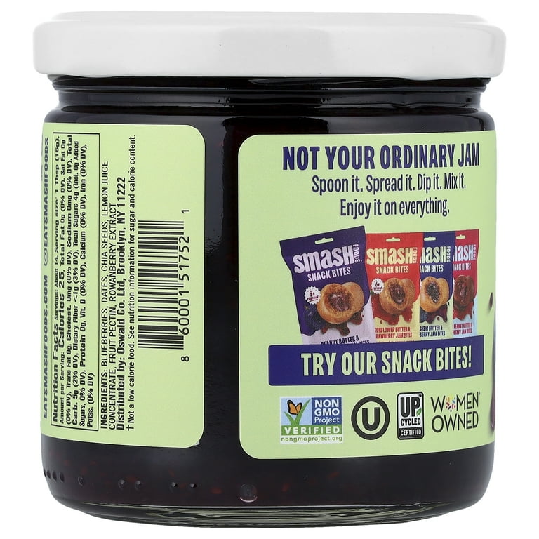 Smash Foods Blueberry Jam, Low-Calorie, Vegan, Sweetened with