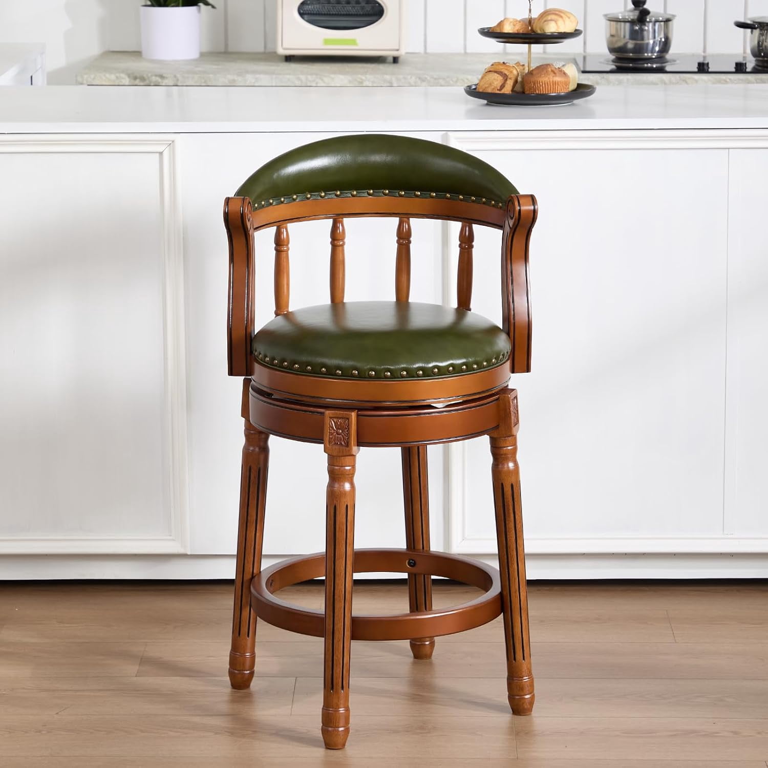 AULIFE Bar Stools Mid-Back Modern Swivel Barstools,Kitchen Counter Genuine Leather Upholstered Island Barstool with Footrest for Home Kitchen Dining Room