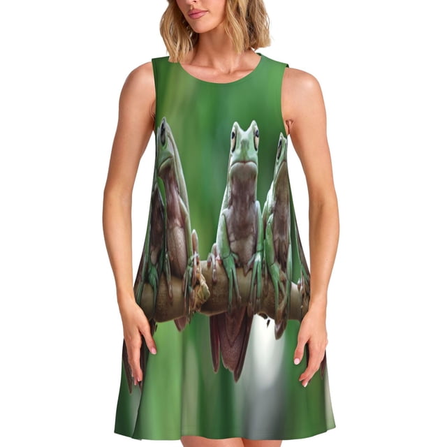 Easygdp Australian White Tree Frog Sitting on Branch para Vestido Transpirable de Mujer, Vestido Suelto de Manga Corta con Pliegues y Bolsillos para el Verano