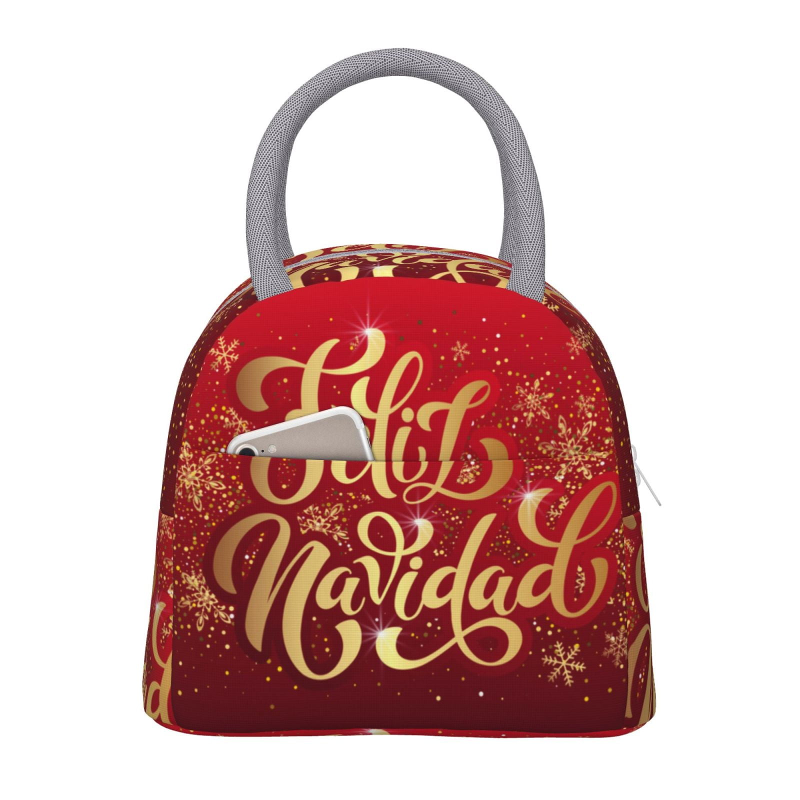 Horeoi Merry Christmas Pattern Large Insulated Lunch Bag for Work, School, Picnic - Waterproof, Durable Oxford Cloth, Comfortable Handle-Light Grey