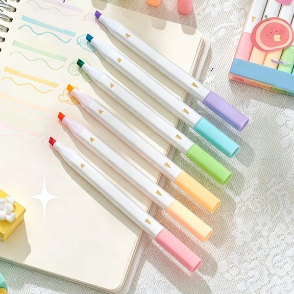 6 Pack Fruit-Scented Dual Tip Highlighter Pens, Pastel Chisel & Fine Tip Markers, Quick Dry Non-Bleed Pens for Journaling, Note-Taking, Hand Lettering & Office Daily Use