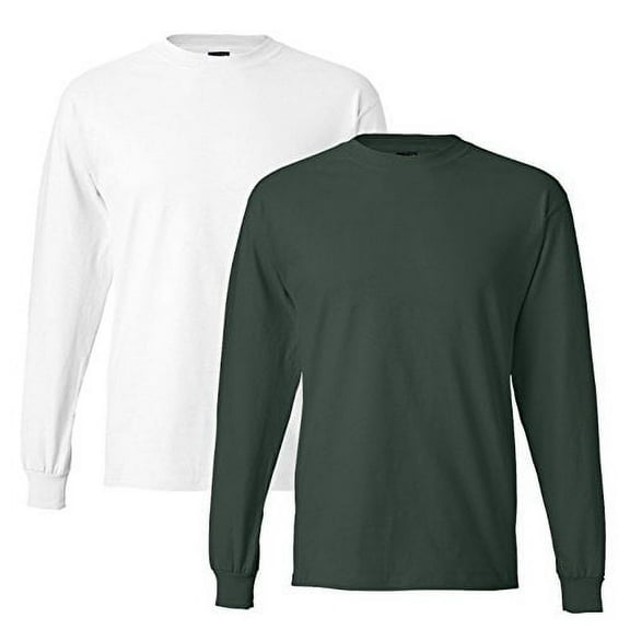 Men's Hanes Beefy Long-Sleeve T (Pack of 2) (1 White / 1 Deep Forest)