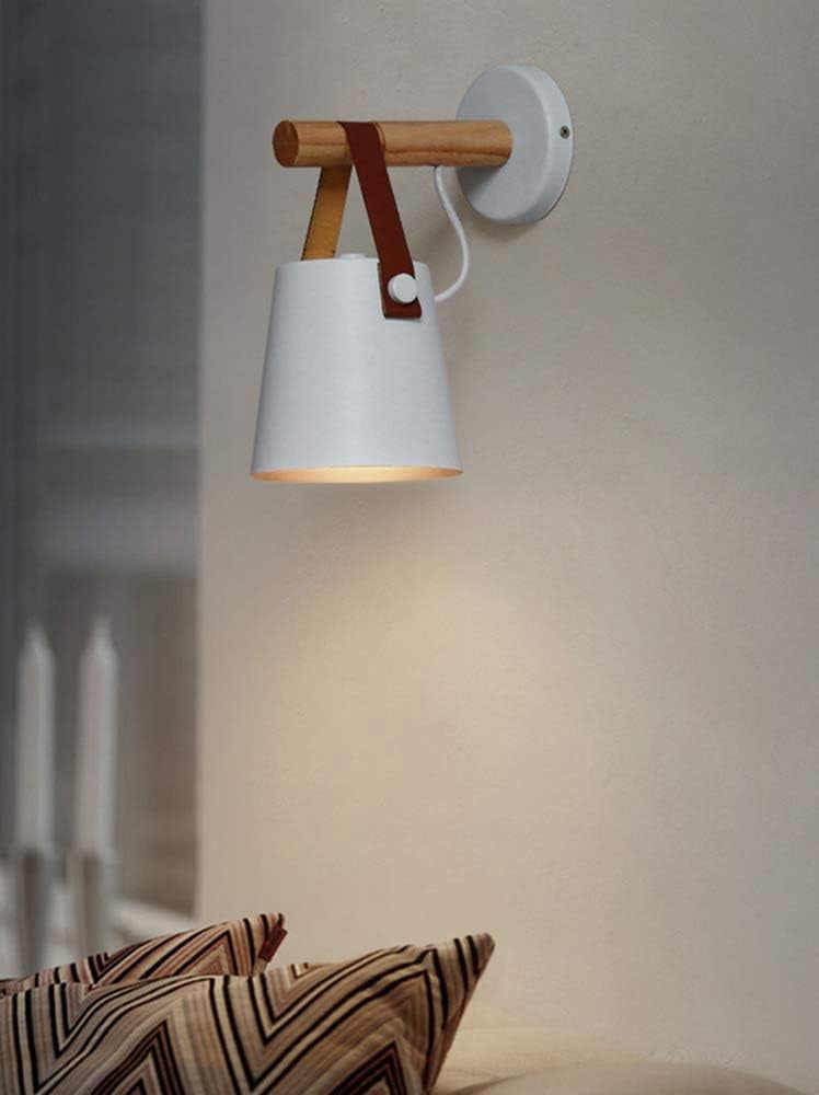Wall Sconce Lamp Wall Sconces Light Fixture Nordic Wood Wall Sconce Lighting Black E27 Iron Art Leather Belt Wall Sconce Creative Wall Light for Home Bedroom Bedside Aisle Restaurant,White