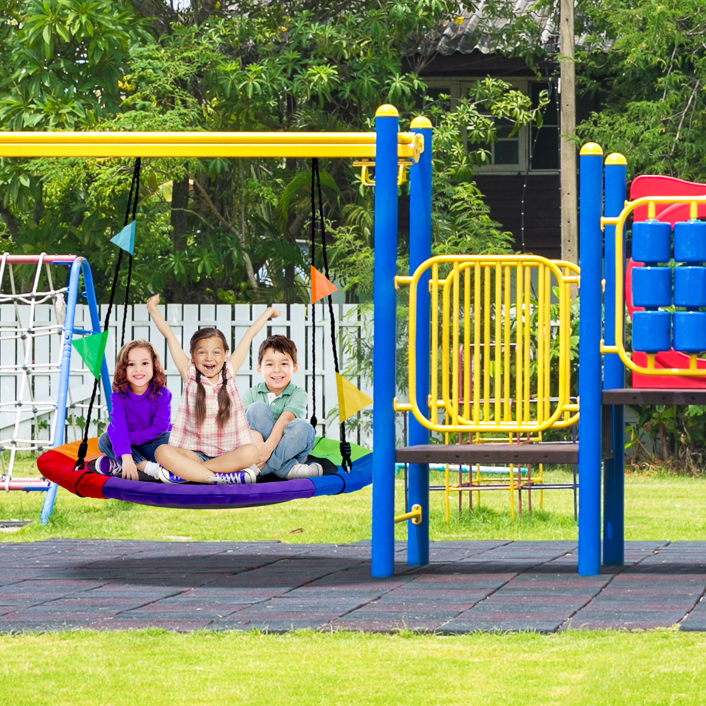 Sorbus 40" Round Saucer Tree Swing Multi-Color with Flags – Durable, Sturdy & Easy to Assemble
