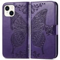 thumbnail image 2 of Wallet Case for iPhone 15, Butterfly Embossed PU Leather Magnetic Closure Kickstand Card Slots with Wrist Strap for Girls Women for iPhone 15, Purple, 2 of 6