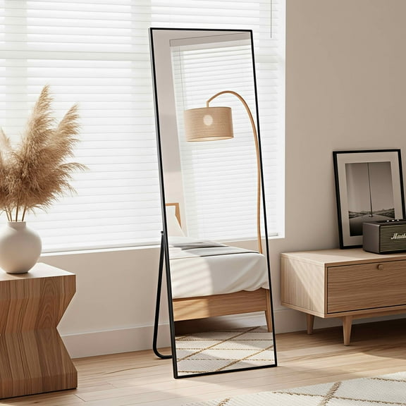 MAYEERTY 58"x18" Aluminum Right Angle Full-Length Mirror, Tempered Glass With Stand, Black