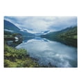 thumbnail image 1 of Nature Cutting Board, Landscape Photography with Wooden Cabins Clear River and Mountains Norway Europe, Decorative Tempered Glass Cutting and Serving Board, Large Size, Blue Green, by Ambesonne, 1 of 1