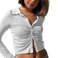 thumbnail image 2 of Diconna Blouse Femme Couleur Unie Col Rabattu Manches Longues Crop Tops, 2 of 4