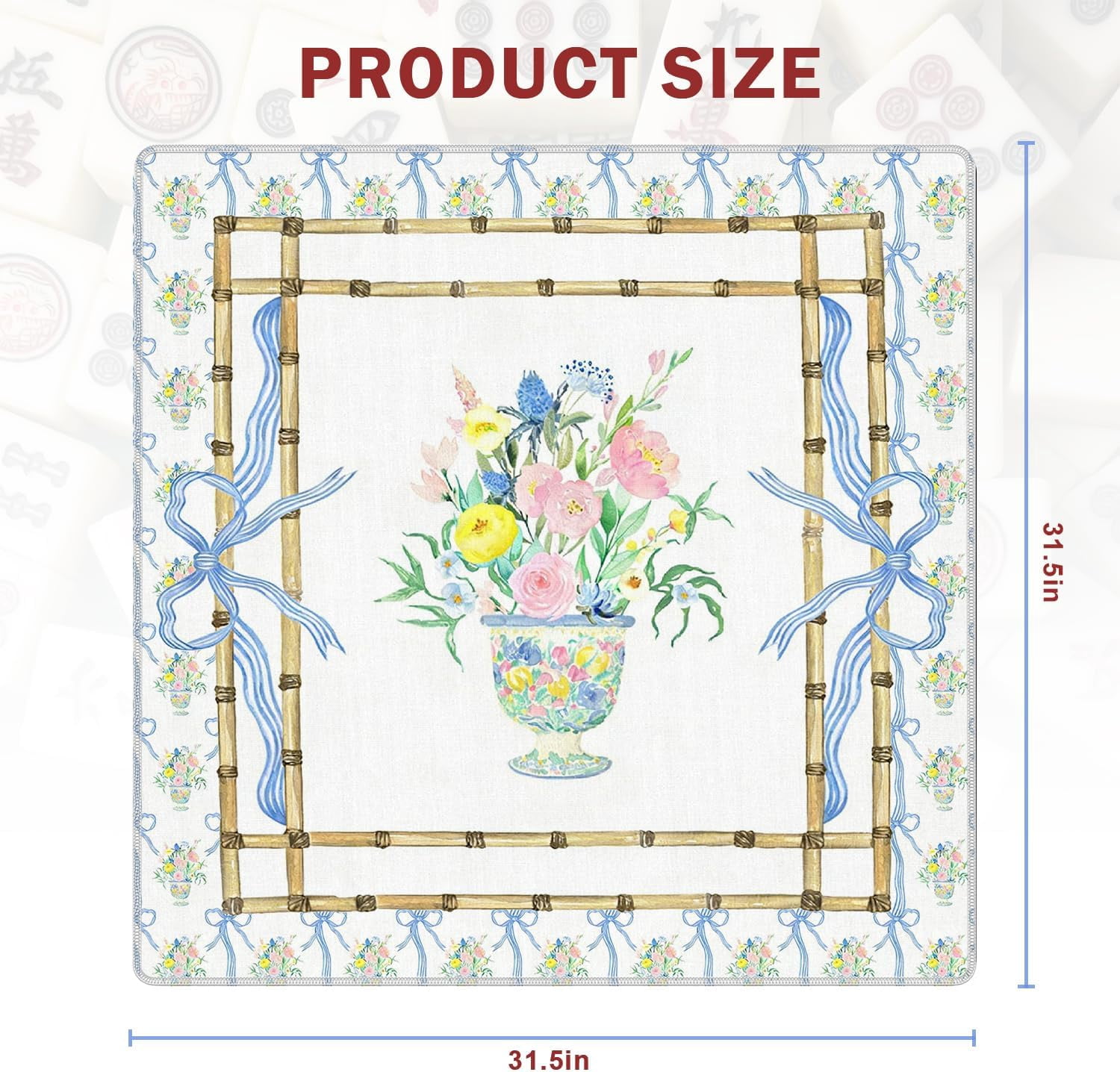 Preppy Blue Bow Floral Mahjong Mat for Table 31.5 x 31.5 in, Pink and Blue Botanical Flower Jar Non-Slip Noise Reduction Game Table Cover for American Mahjong Card Board Tile Games