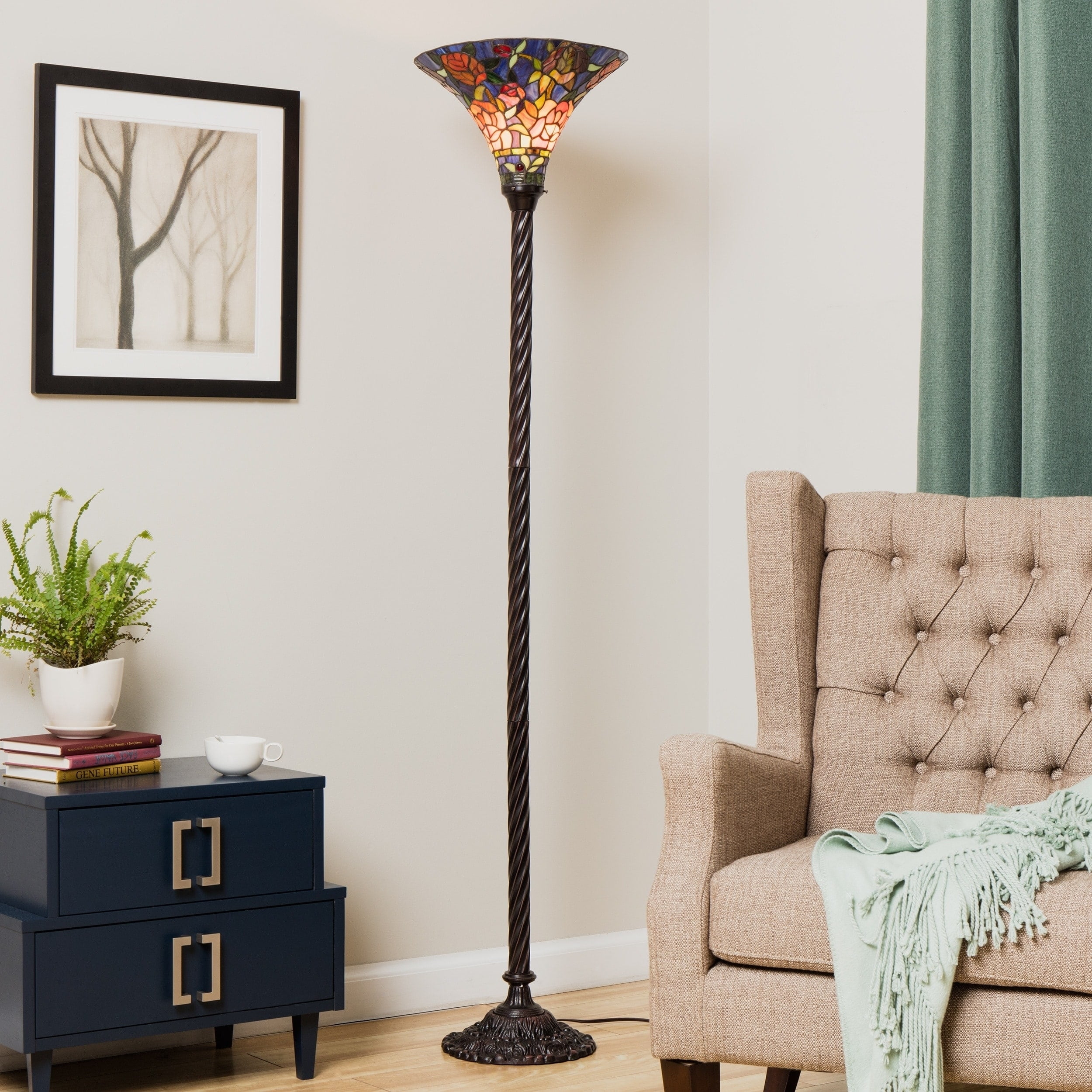 Tiffany-style Rose Torchiere Floor Lamp in Red, Yellow, Blue and Green