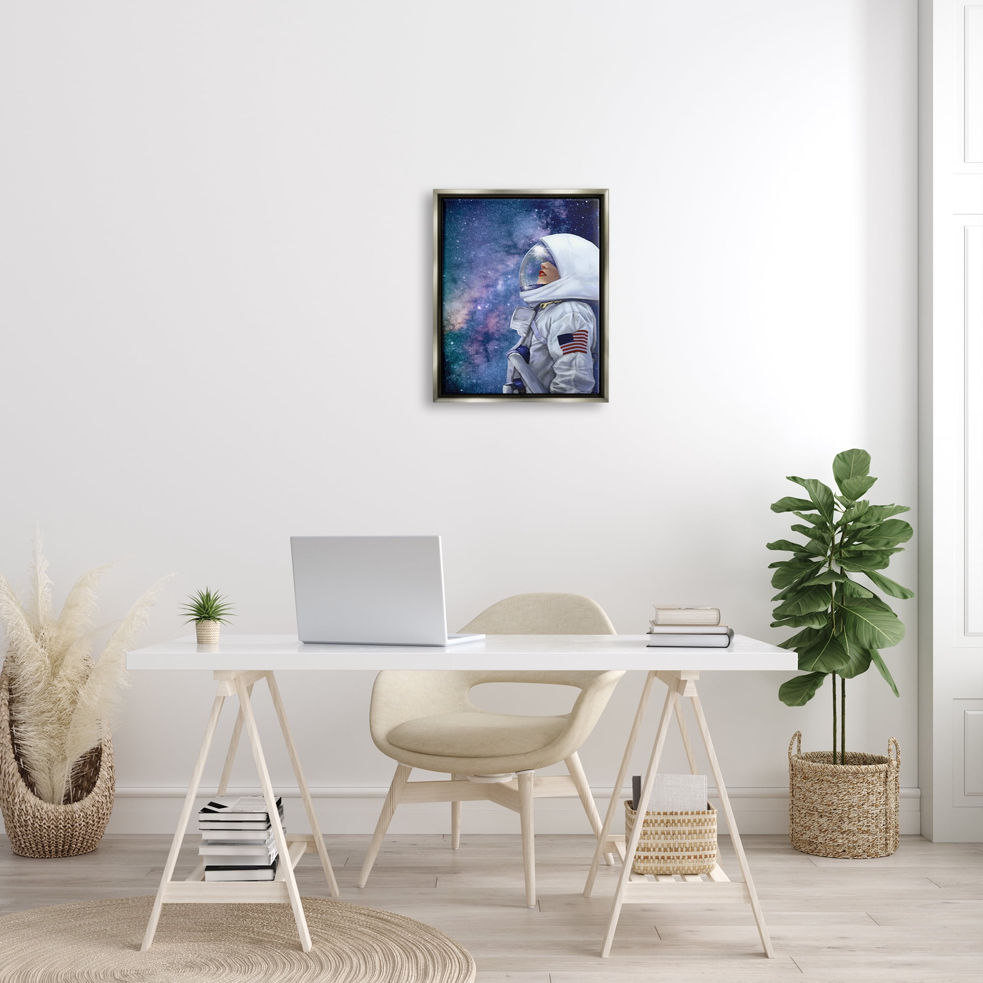Stupell Industries Outer Space Astronaut Female Astronaut Lipstick Detail Luster Gray Framed Floating Canvas Wall Art, 16x20, by Ziwei Li