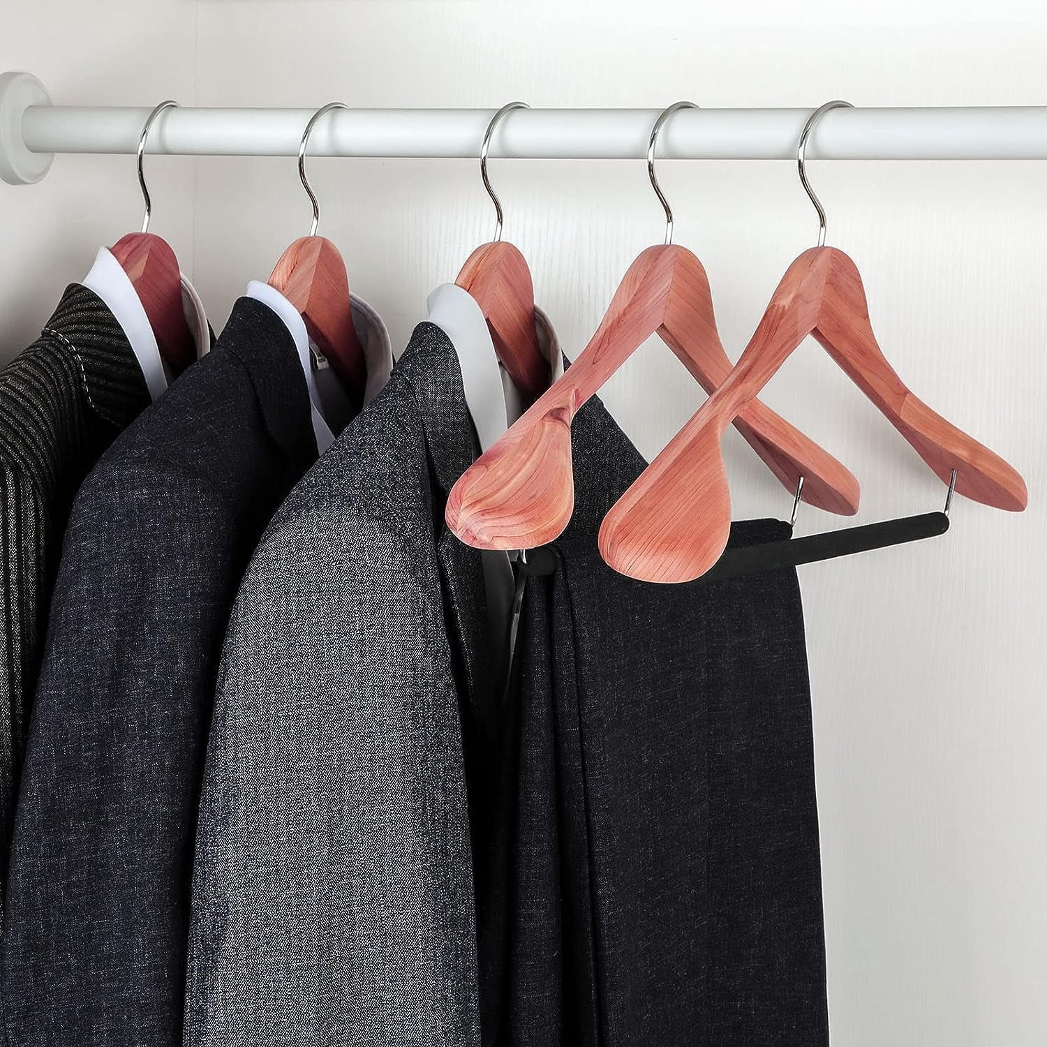 Wide Shoulder Cedar Wooden Hangers 8 Pack, Luxury Wood Suit Coat Hangers with Black Padded Pant Bar and 360 °   Swivel Chrome Hook, Natural Finish