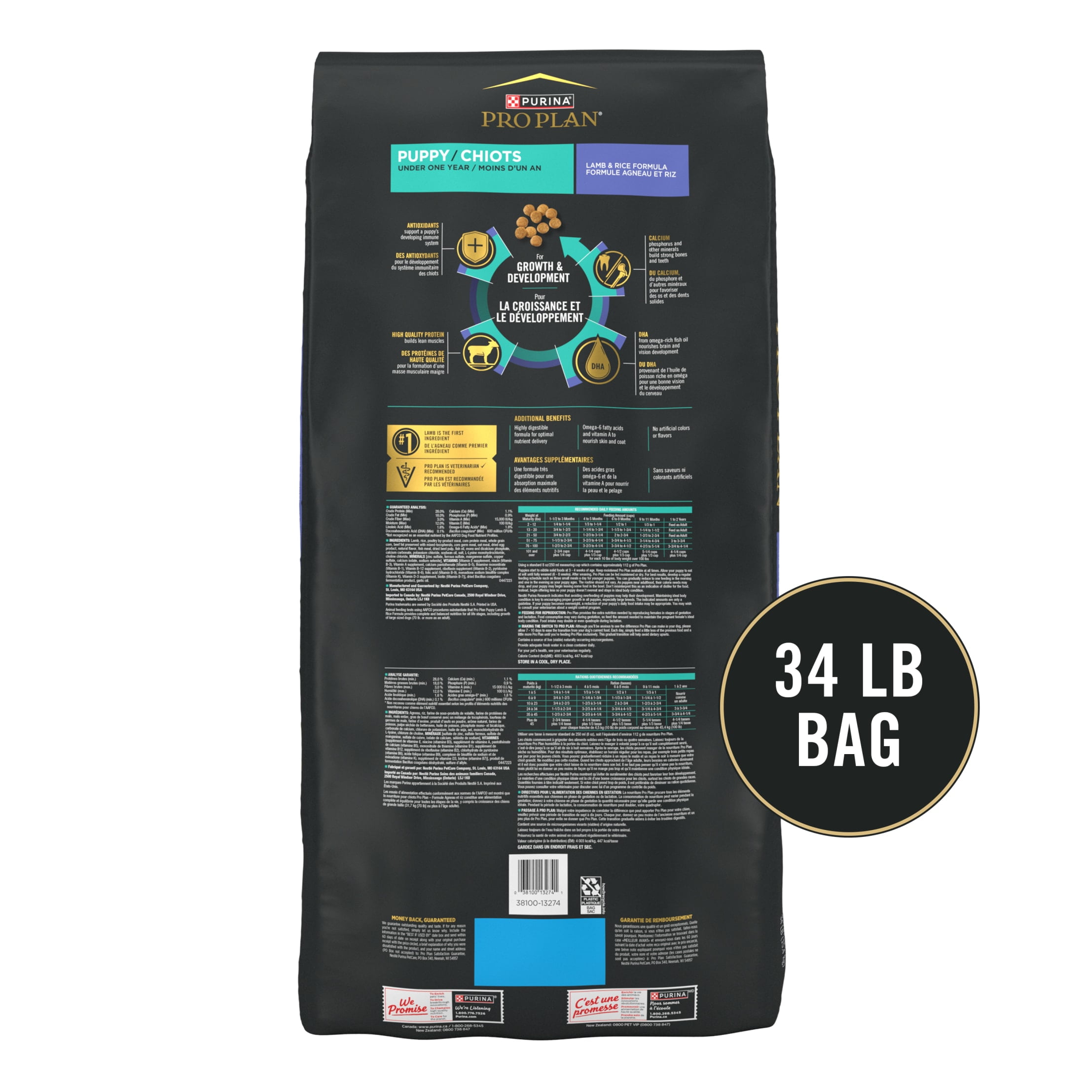 Purina Pro Plan Puppy Dry Dog Food, Dogs Under 1 Year, High Protein Real Lamb & Rice Formula, 34 lb Bag