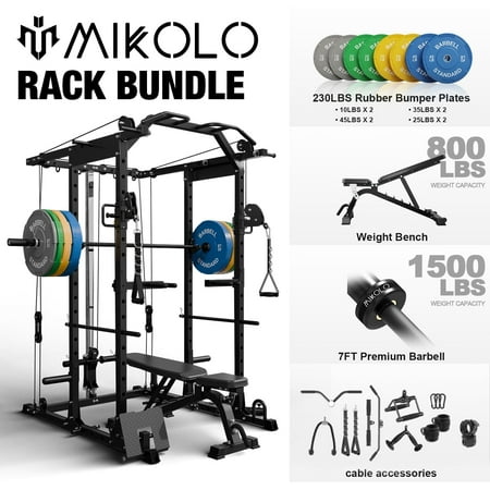 Mikolo Power Rack Cage Black, 1500LBS Weight Cage with 800LB Capacity Adjustable Weight Bench, 1500LB Capacity Barbell and 230LB Weight Plate set, Home Gym Package